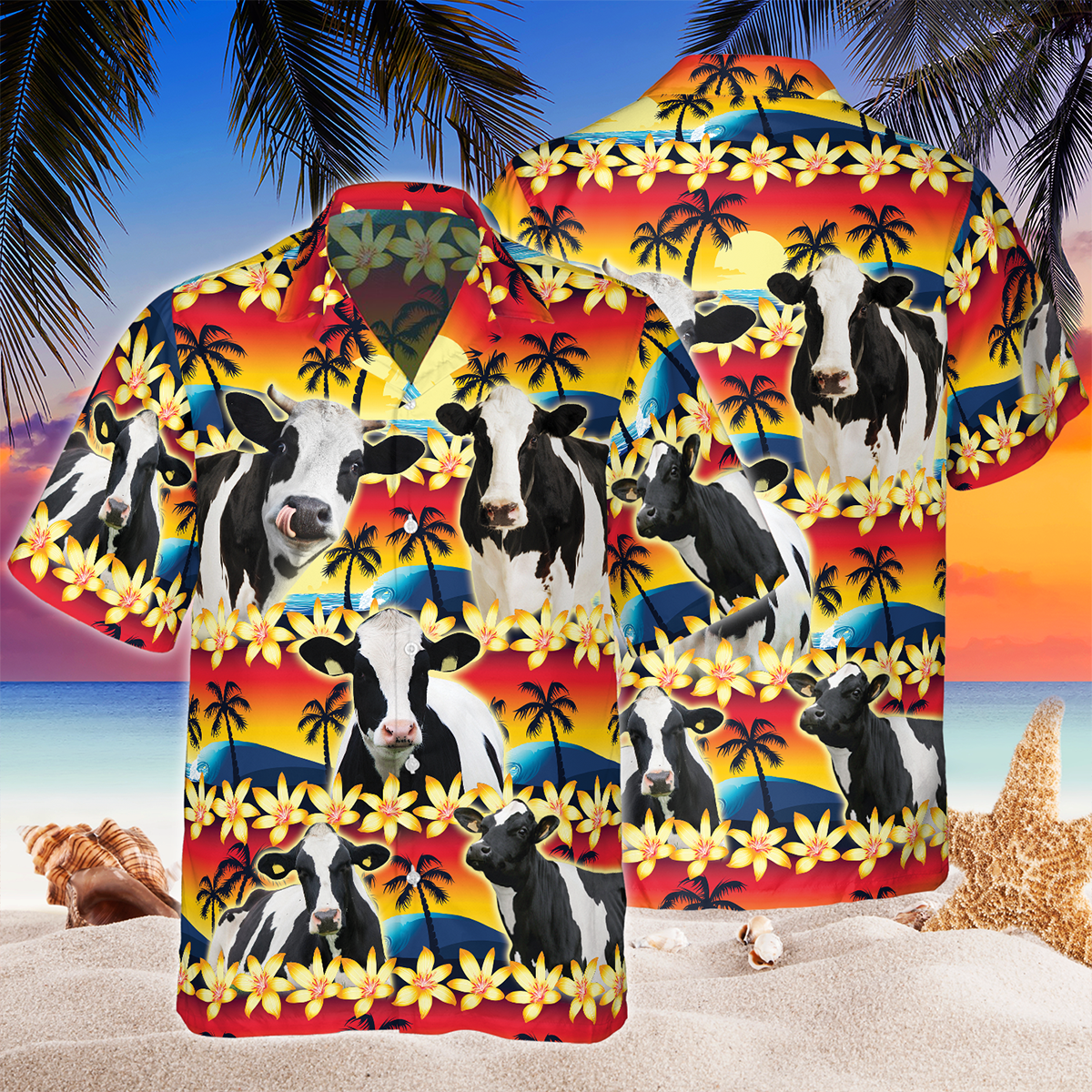 Vintage Holstein Tropical Sunset Hibiscus And Palm Tree Hawaiian Shirt, Hawaiian Shirt HO3628