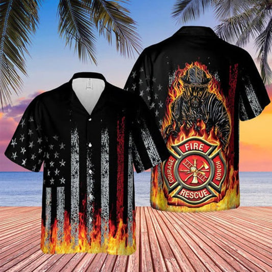 Black Flag American Firefighter Bagde Fired Hawaiian Tshirt, Hawaiian Shirt Short Sleeves HO3646