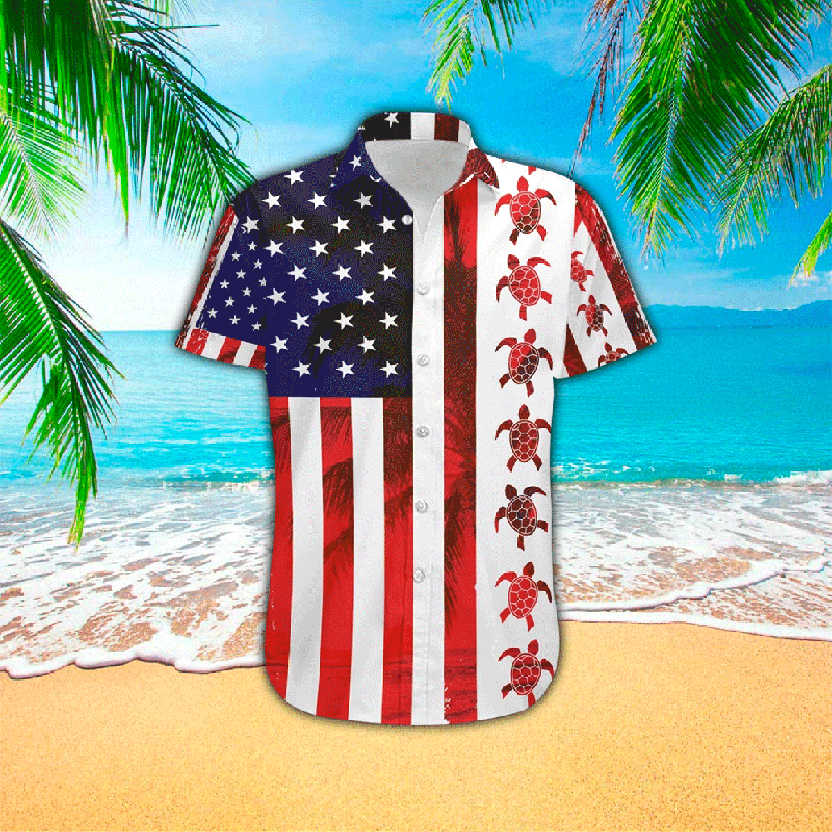 American Turtle Flag 3d Print Polyester Hawaiian Shirt, Hawaiian 3d Funny Shirt HO3638