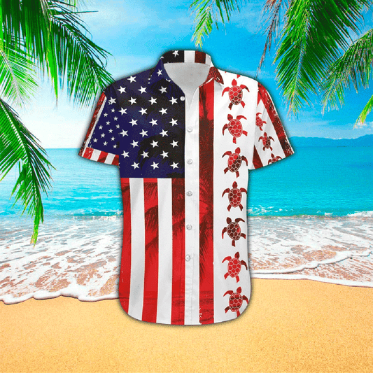 American Turtle Flag 3d Print Polyester Hawaiian Shirt, Hawaiian 3d Funny Shirt HO3638