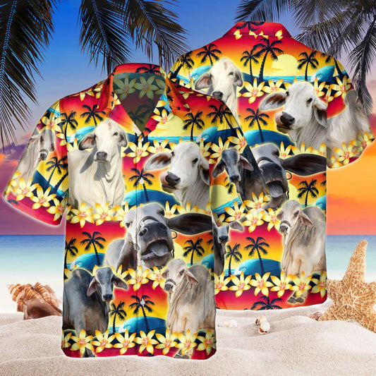 Vintage Brahman Hawaiian Shirt Tropical Sunset Hibiscus And Palm Tree Hawaii Shirt, Hawaiian Shirt For Men HO3622