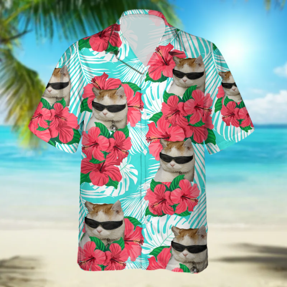 Custom Cat Photo floral Hawaiian Shirt, Summer Gift, Short Sleeve Aloha Beach Shirt, Cat Hawaiian Shirt for Men, Women HO4386