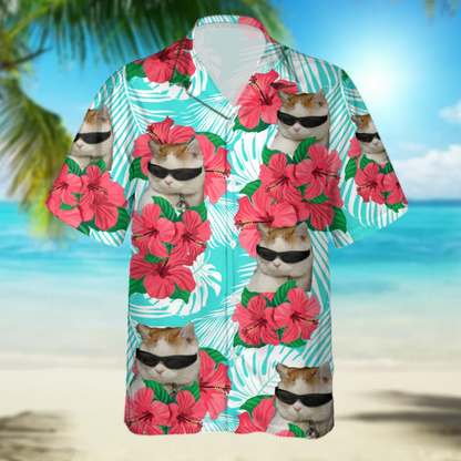 Custom Cat Photo floral Hawaiian Shirt, Summer Gift, Short Sleeve Aloha Beach Shirt, Cat Hawaiian Shirt for Men, Women HO4386