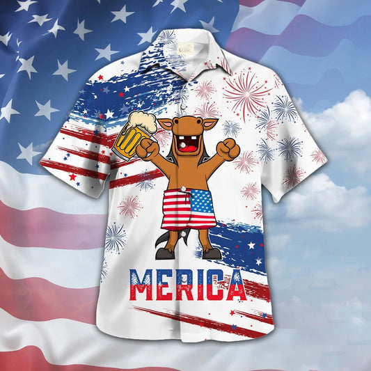 Horse Drink Beer Hawaiian Shirt Cute Merica Beer American Flag Pattern Hawaiian Shirts HO5338