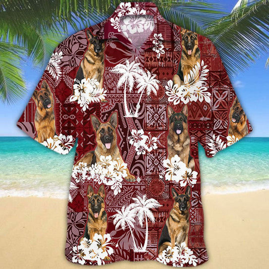 German Shepherd Hawaiian Shirt, Pet Hawaiian Shirts Red Tribal Pattern HO5199