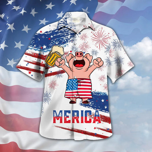 Pig Drink Beer Hawaiian Shirt Funny Merica Pig USA Flag Pattern Hawaii Shirt Men Women HO5339
