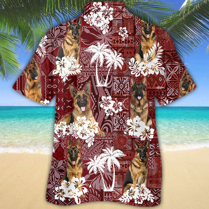 German Shepherd Hawaiian Shirt, Pet Hawaiian Shirts Red Tribal Pattern HO5199