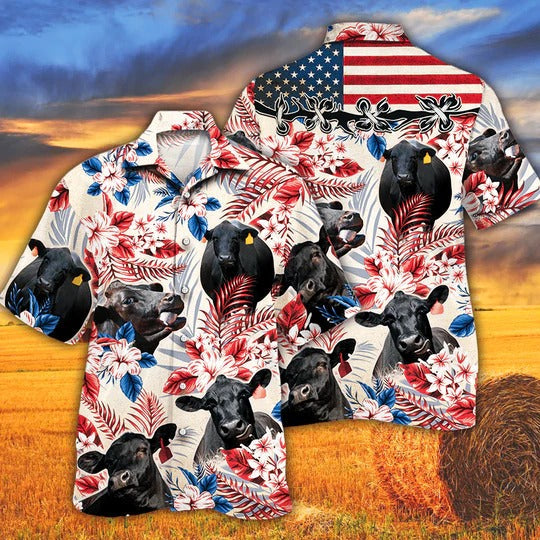 Black Angus Cattle Lovers American Flag Hawaiian Shirt, Unisex Print Aloha Short Sleeve Casual Shirt HO0385
