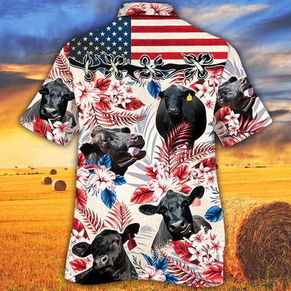Black Angus Cattle Lovers American Flag Hawaiian Shirt, Unisex Print Aloha Short Sleeve Casual Shirt HO0385