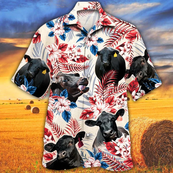 Black Angus Cattle Lovers American Flag Hawaiian Shirt, Unisex Print Aloha Short Sleeve Casual Shirt HO0385