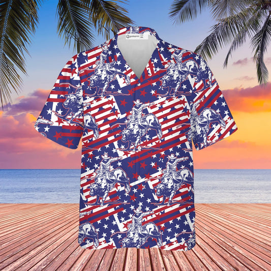 Rodeo Bull Rider Patriotic American Flag Hawaiian Shirt , Cowboys Button Down Summer Beach Dress Shirts HO2938