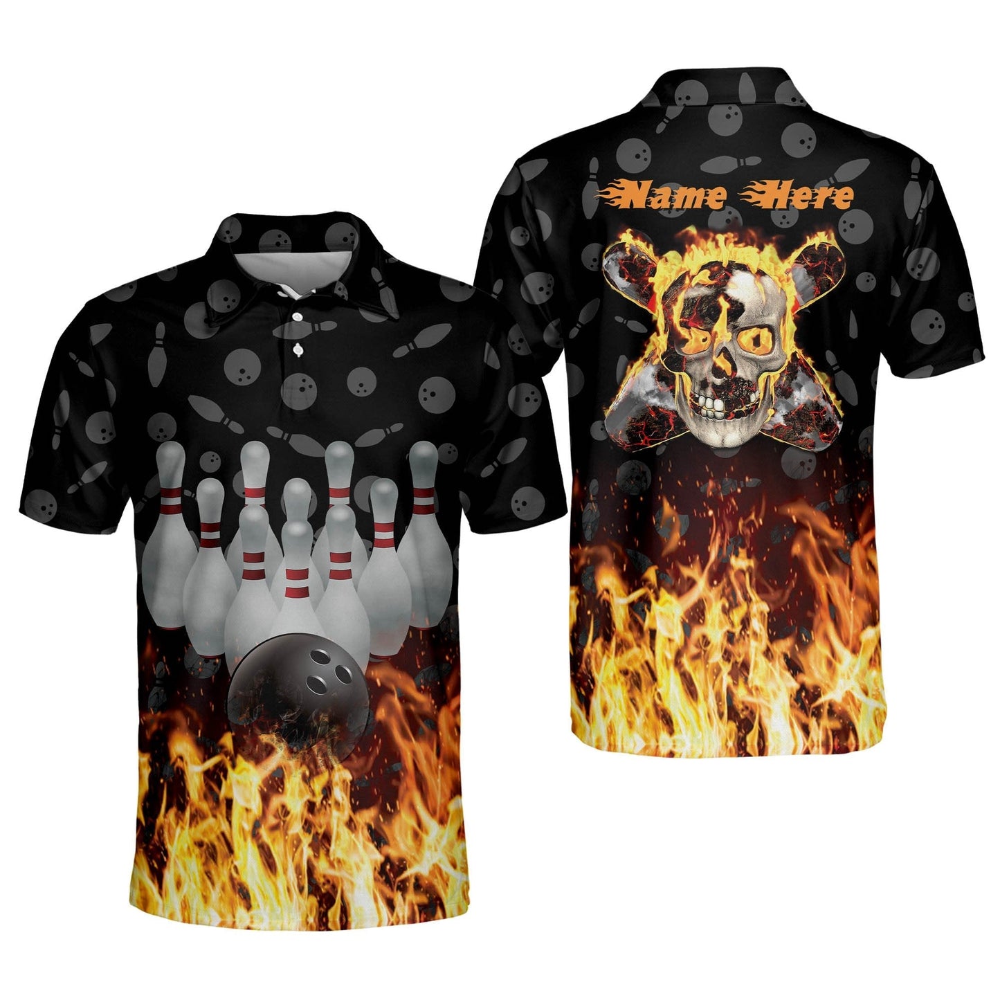 Custom Bowling Shirts For Men - Personalized Bowling Team Shirts - Custom Flame Designer Bowling Shirt - Skull Fire Bowling Polo Shirts Short Sleeve BM0029