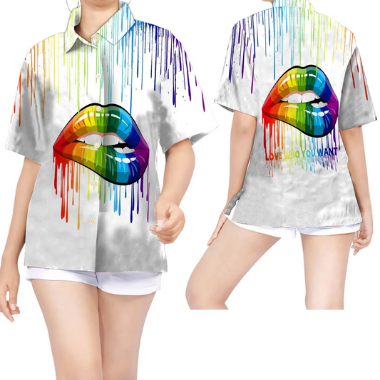 Women Hawaiian Shirt For Lgbt Community In Summer, Love Who You Want Rainbow Lips Watercolor HO5523