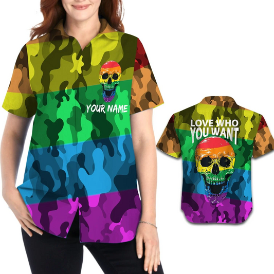 Personalized Lesbian Hawaiian Shirt With Name, Pride Month, Lgbt Rainbow Skull HO5522