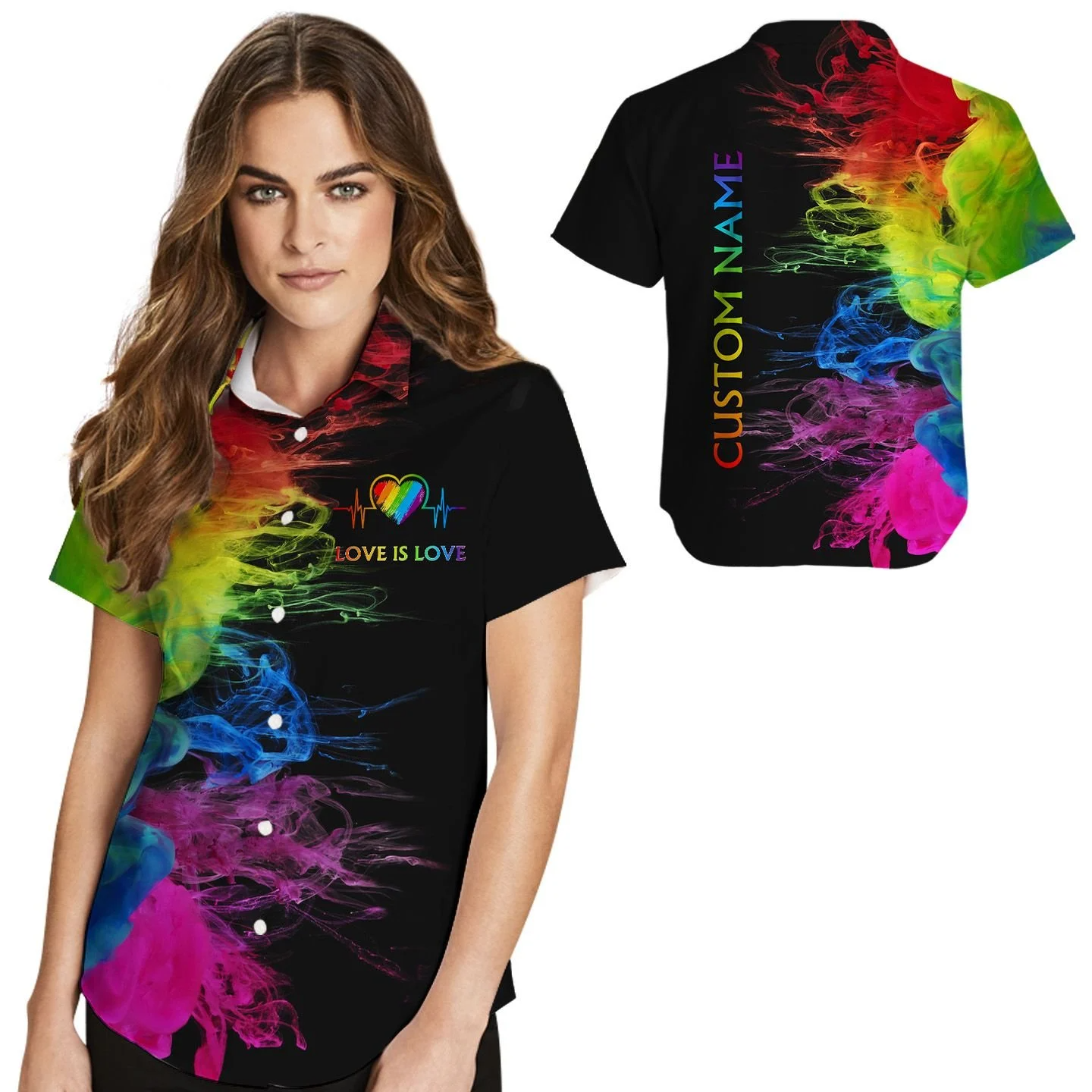 Custom Name Women Hawaiian Shirt For Lesbian, Love Is Love Rainbow Heartbeats, Pride Month LGBT HO5520