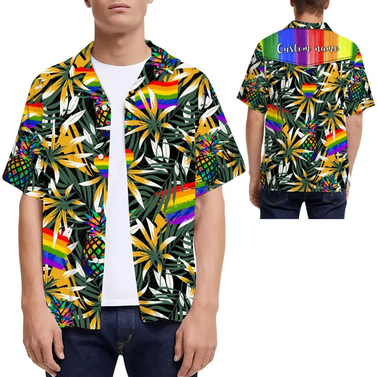 Rainbow Pineapples Tropical Leaves Custom Name Men Hawaiian Shirt For Lgbt Community HO5521