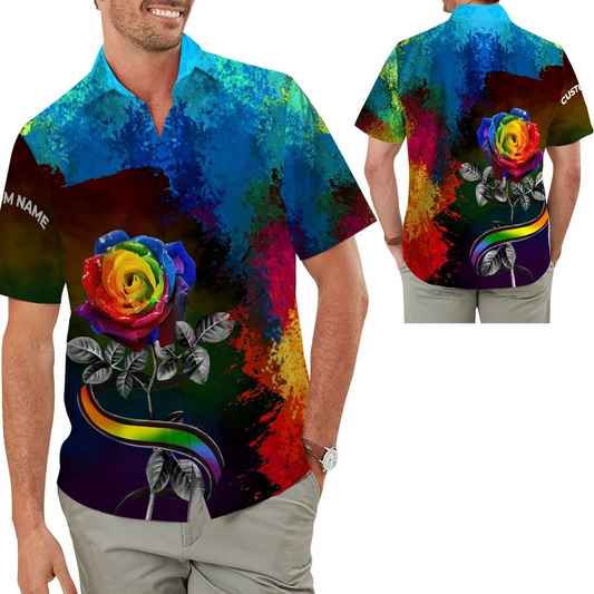 Custom Name Hawaiian Aloha For LGBT Gay Lesbian Pride, Rainbow Rose Flower HO5519