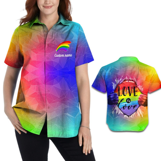 Personalized With Name Women Hawaiian Aloha Shirt, Lgbtq In Pride Month, Love Is Love Rainbow HO5518