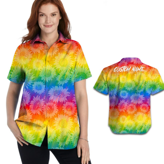 Custom Name Women Hawaiian Shirt For Lgbtq Community In Pride Month, Rainbow Sunflower Pattern HO5517