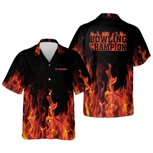 Custom Flame Bowling Button-Down Hawaiian Shirts for Men, Bowling Team Shirt, Bowling Gift HO2749