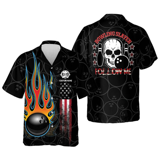 Flame Skull Bowling Slayer - Follow Me Button-Down Hawaiian Shirt, Bowling Team Shirt, Bowling Gift HO2745