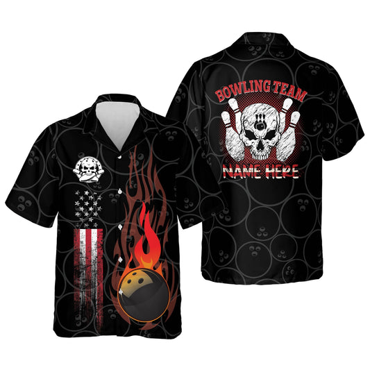 Funny Flame Skull Bowling Team Button-Down Short Sleeve, Skull Bowling Hawaiian Shirt HO3997