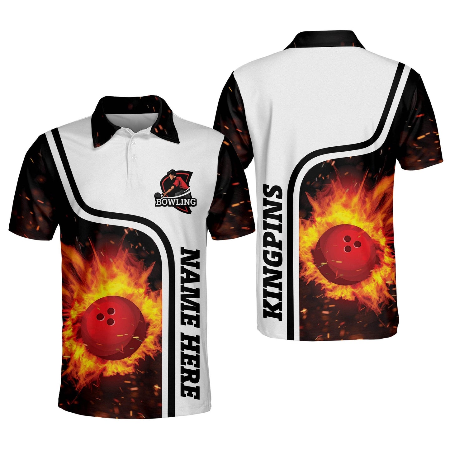 Custom Bowling Shirts For Men - Personalized Bowling Team Shirts Short Sleeve Polo - Crazy Cool Designer Bowling Shirt - Flame Fire Bowling Shirt BM0086