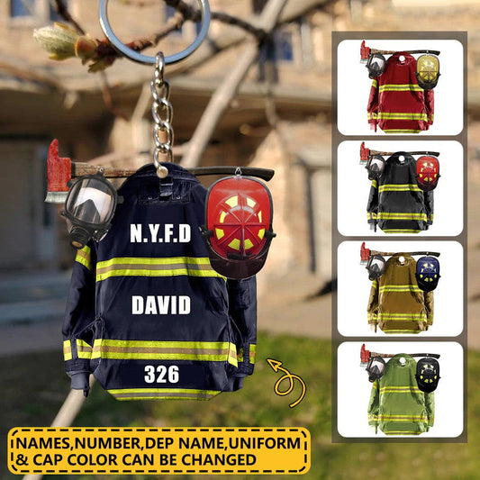 Personalized Firefighter Uniform Keychain - Custom Name & Number/Unit Acrylic Keychain for Dad Mom Firefighter KO0364