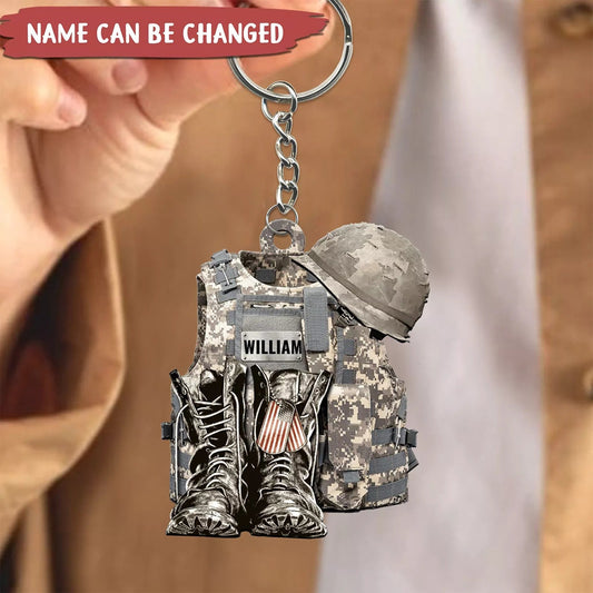 Military Uniform - Personalized Boots & Hat Flat Acrylic Keychain Custom Name Dad Veteran Keychain KO0358