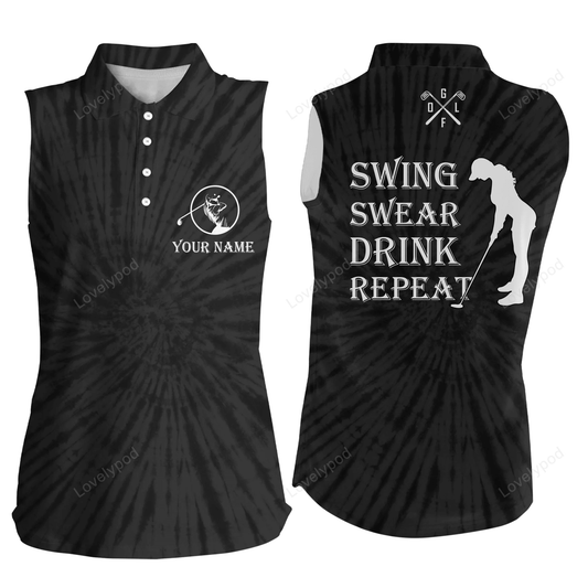 Funny womens sleeveless polo shirt custom swing swear drink repeat black tie dye pattern golf shirts GY0229