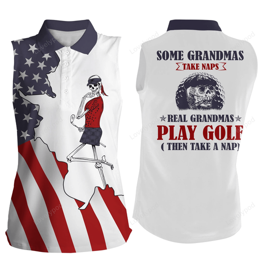American flag patriotic womens sleeveless polo skull grandmas take naps real grandmas play golf GY0230