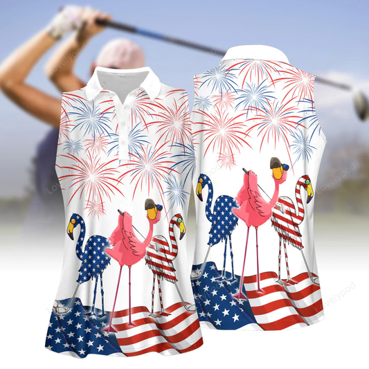 4th of july patriotic funny flamingo golf women sleeveless polo shirt GY0053