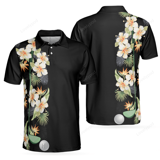 Floral golf club and ball polo shirt, wild floral and leaves golfing polo shirt, tropical golf shirt for men GY0075