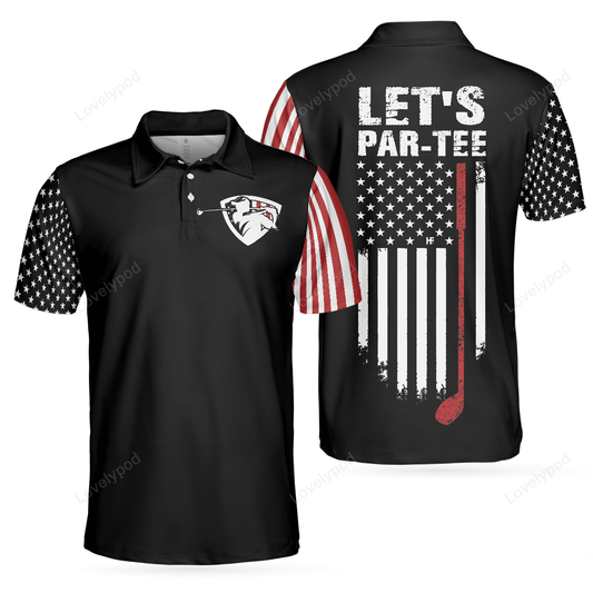 Let's par tee short sleeve golf polo shirt, dark theme american flag polo shirt, patriotic golf shirt for men GY0077