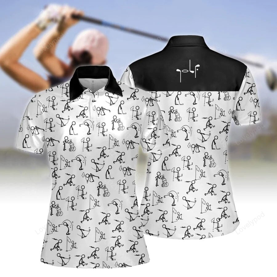 Stick figures playing golf women short sleeve polo shirt GY0083