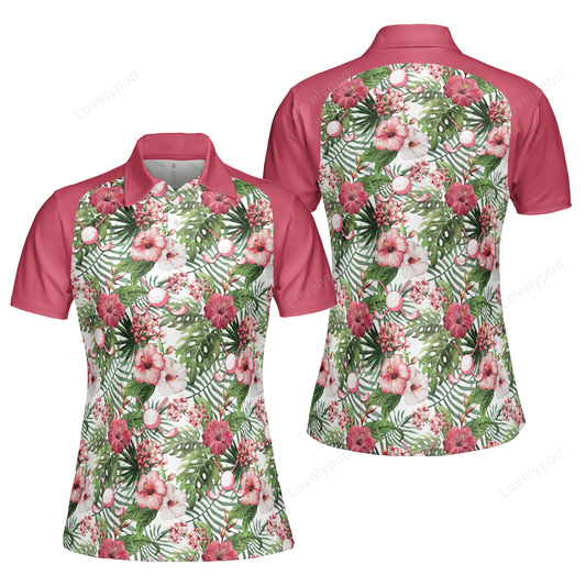 Golf ball on tropical flowers background short sleeve women polo shirt GY0121