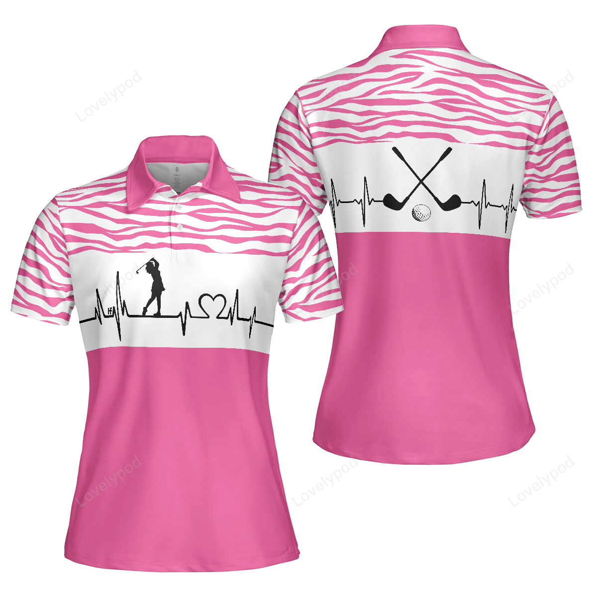 Pink zebra pattern golf girl heartbeat golf short sleeve women polo shirt, best pink golf shirt for ladies GY0123