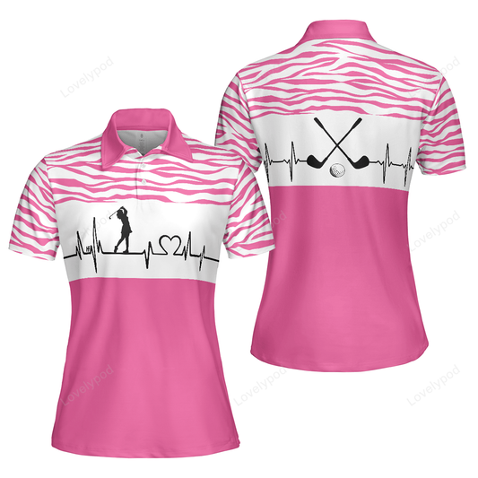 Pink zebra pattern golf girl heartbeat golf short sleeve women polo shirt, best pink golf shirt for ladies GY0123
