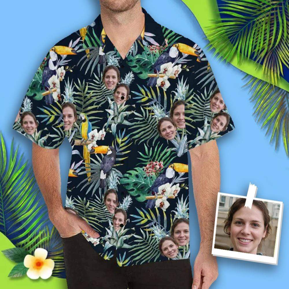 Custom Hawaiian Shirt with Face Best Couple Gift Flower Parrot Face Shirt Personalized Hawaiian Shirts Birthday Party Gift HO4348