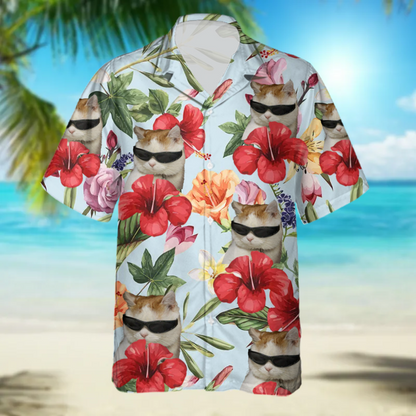 Custom Cat Photo floral Hawaiian Shirt, Summer Gift, Short Sleeve Aloha Beach Shirt, Cat Hawaiian Shirt for Men, Women HO4386