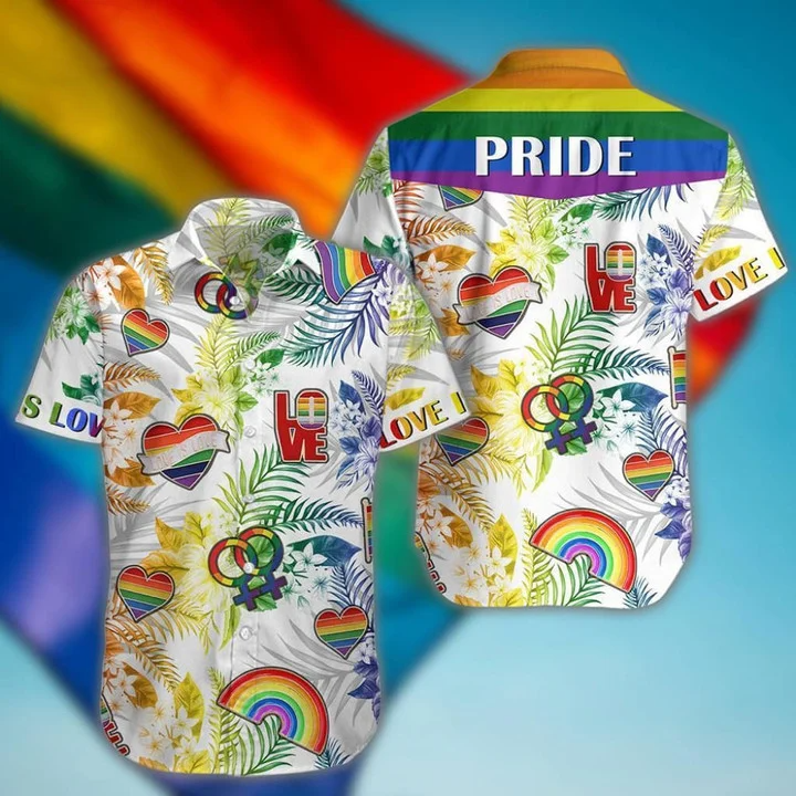 LGBT Aloha Hawaiian Shirts For Summer, Tropical Heart Love Pattern Colorful Rainbow LGBT Hawaiian Shirts HO3484