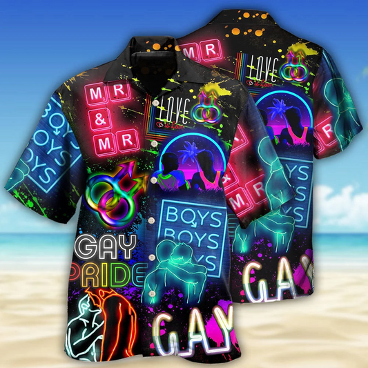 LGBT Aloha Hawaiian Shirts For Summer, Neon Art Boy Gay Pride Colorful Rainbow LGBT Hawaiian Shirts HO3483
