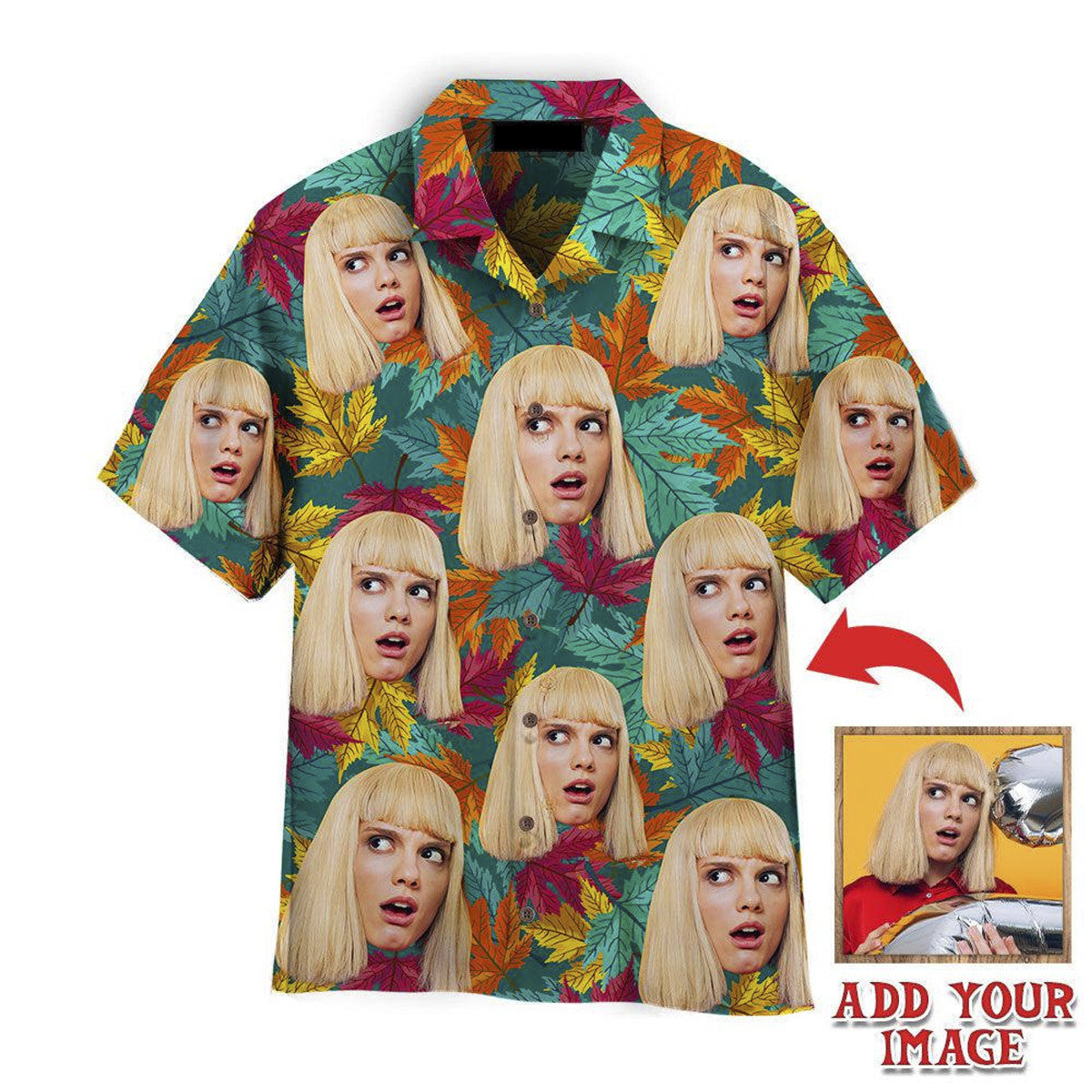 Funny Custom Face On Colorful Autumn Maple Leaves Custom Hawaiian Shirt, Personalized Hawaiian Shirts, Custom Photo Hawaiian Shirt HO4225
