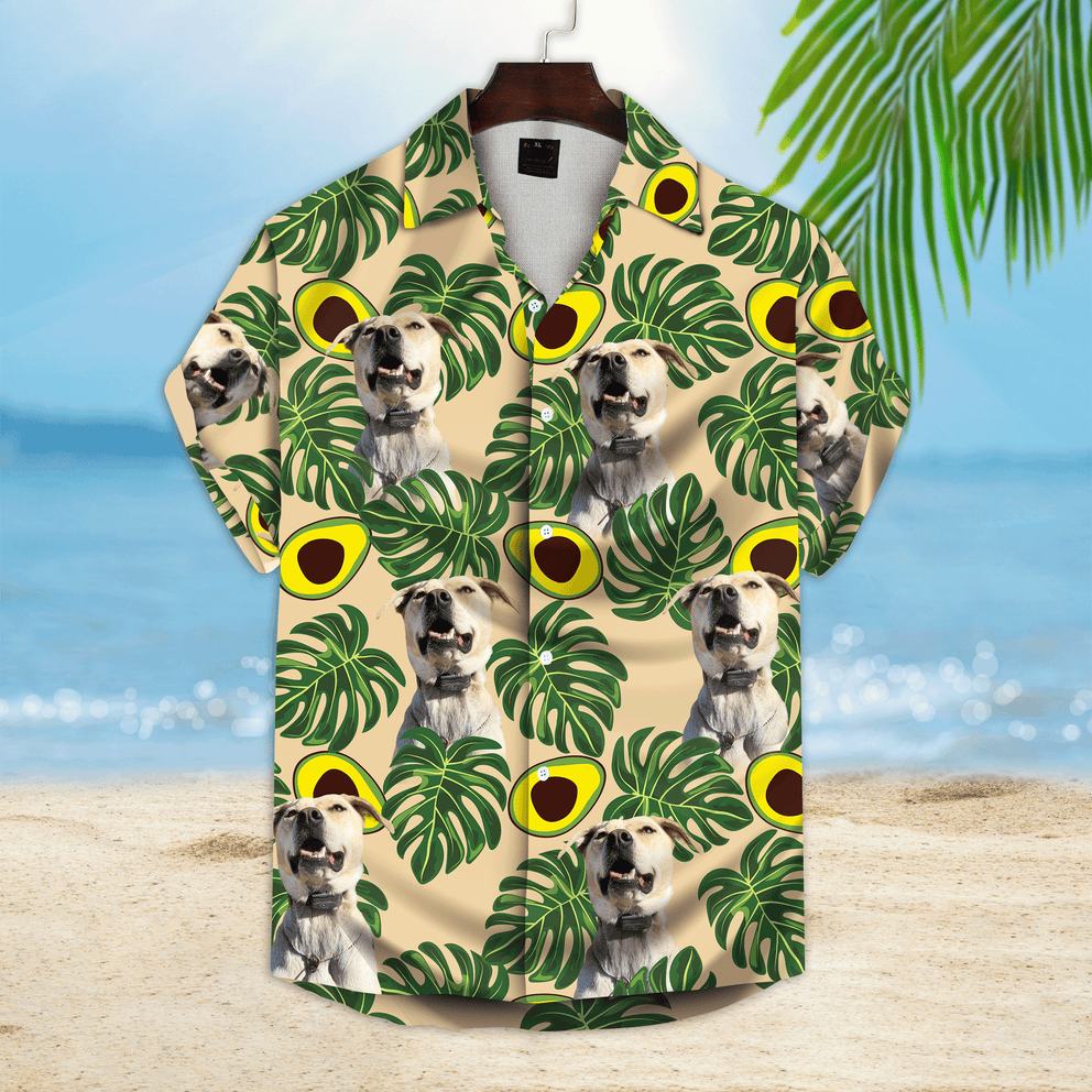 Custom Avocado & Leaves Pattern Short-Sleeve Hawaiian Shirt, Lemon Zest Color Shirt, Summer Gift for Dog Lover HO4366