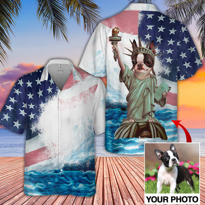 Custom Photo Dog Liberty Statue Hawaiian Shirt, US Flag Color Shirt, Hawaiian Shirt for Dog Lover HO4290