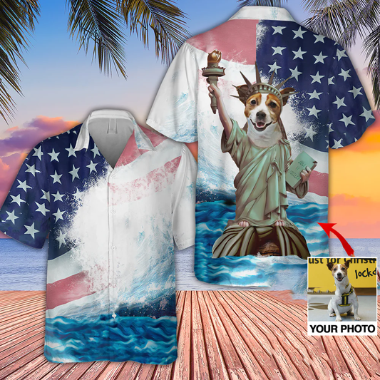 Custom Photo Dog Liberty Statue Hawaiian Shirt, US Flag Color Shirt, Hawaiian Shirt for Dog Lover HO4290