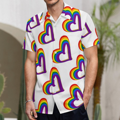Cute Lgbt Rainbow Flag Hearts Pattern Gay Pride Hawaiian Vintage Shirt Mens Button Down Tropical Hawaii Beach Shirts HO4514