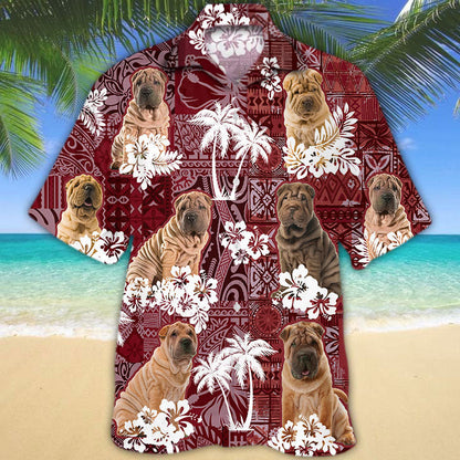 Shar Pei Hawaiian Shirt, Cute Dog Hawaii Shirts Red Tribal Pattern HO5253