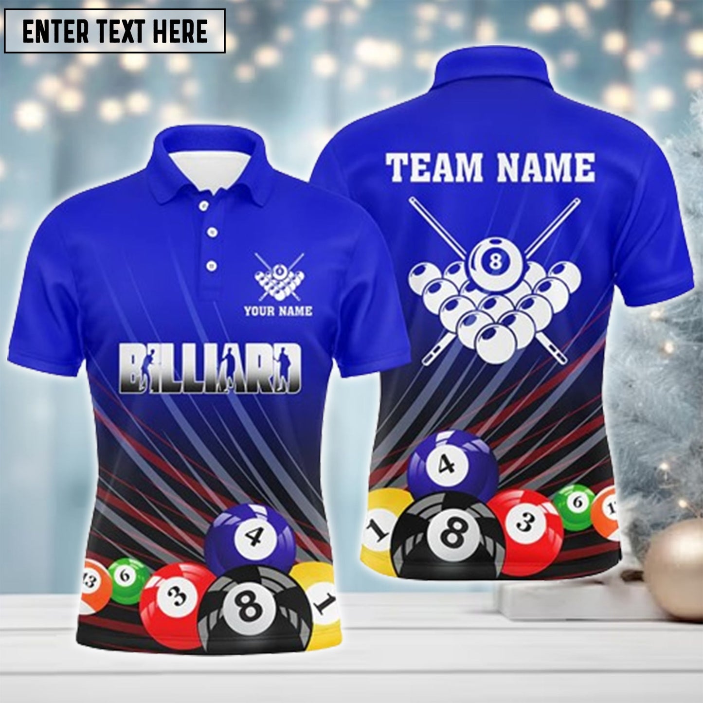 Lasfour Personalized Blue Billiard Balls Polo Shirts For Men Custom Team Name BIA0285