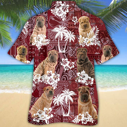 Shar Pei Hawaiian Shirt, Cute Dog Hawaii Shirts Red Tribal Pattern HO5253